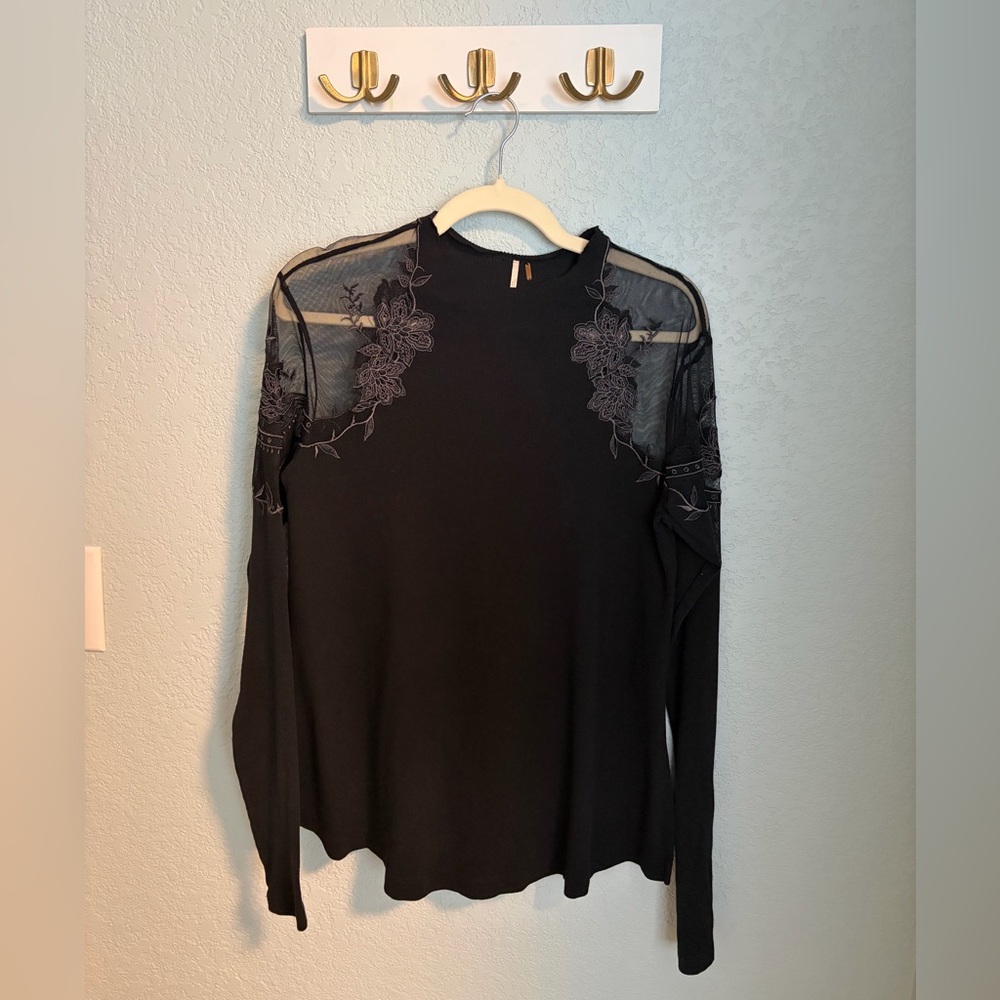 Free People Black Embroidered Sheer Mesh Top Long Sleeve Boho
